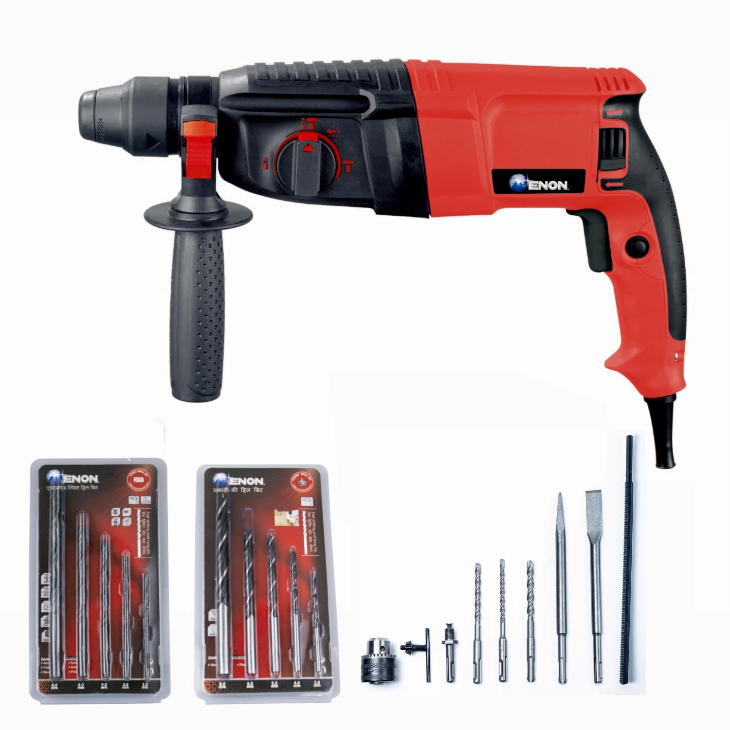 ENON 26Mm Hammer Drill Machine 800W, Reversible & Variable Speed Hammer Drill With Three Functions, 1100 Rpm With Drill Chuck Adaptor & Screwdriver Bits, Heavy Duty (Xe-2261), Red & Black ENON 26Mm Hammer Drill Machine 800W, Reversible & Variable Speed Hammer Drill With Three Functions, 1100 Rpm With Drill Chuck Adaptor & Screwdriver Bits, Heavy Duty (Xe-2261), Red & Black
